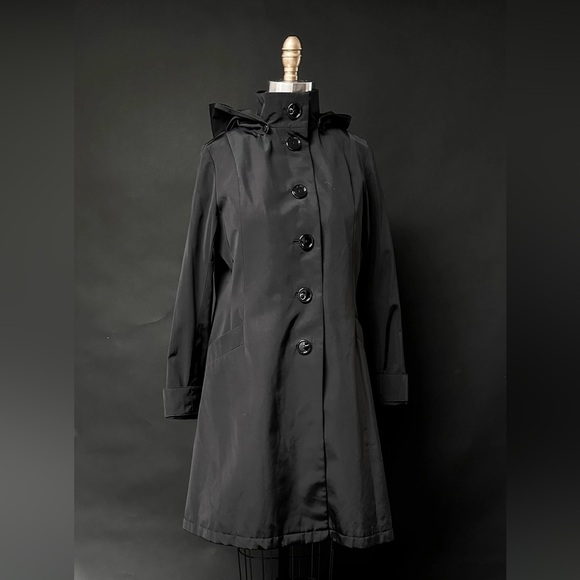 Jane Post Saks Fifth Ave 2-in-1 Black Rain Coat Wool Zipped Wool Liner Hooded - Picture 4 of 11